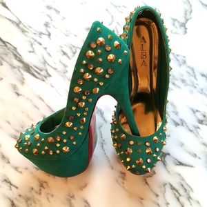 Green Suede Gold Spike and Rhinestone Studded Red Bottom 6" Platform Stilettos